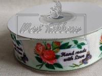 Репс 2.5 см "Hand Made з трояндочкою", на св.зеленому *