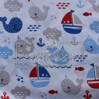 Тканина "Дельфіни + кораблики" на білому