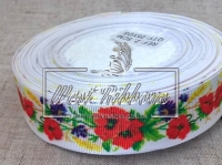 Репс 2.5 см Маки з вволошками і колосками на білому  - метр